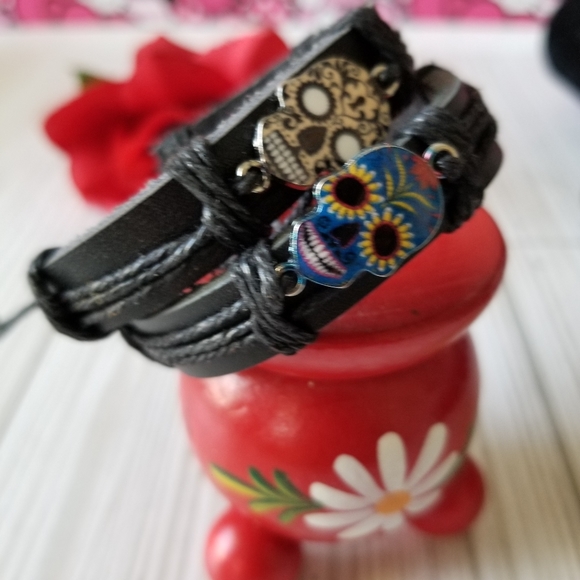 3/$30♥️ Sugar Skull Black Leather Bracelet Unisex - Picture 3 of 9